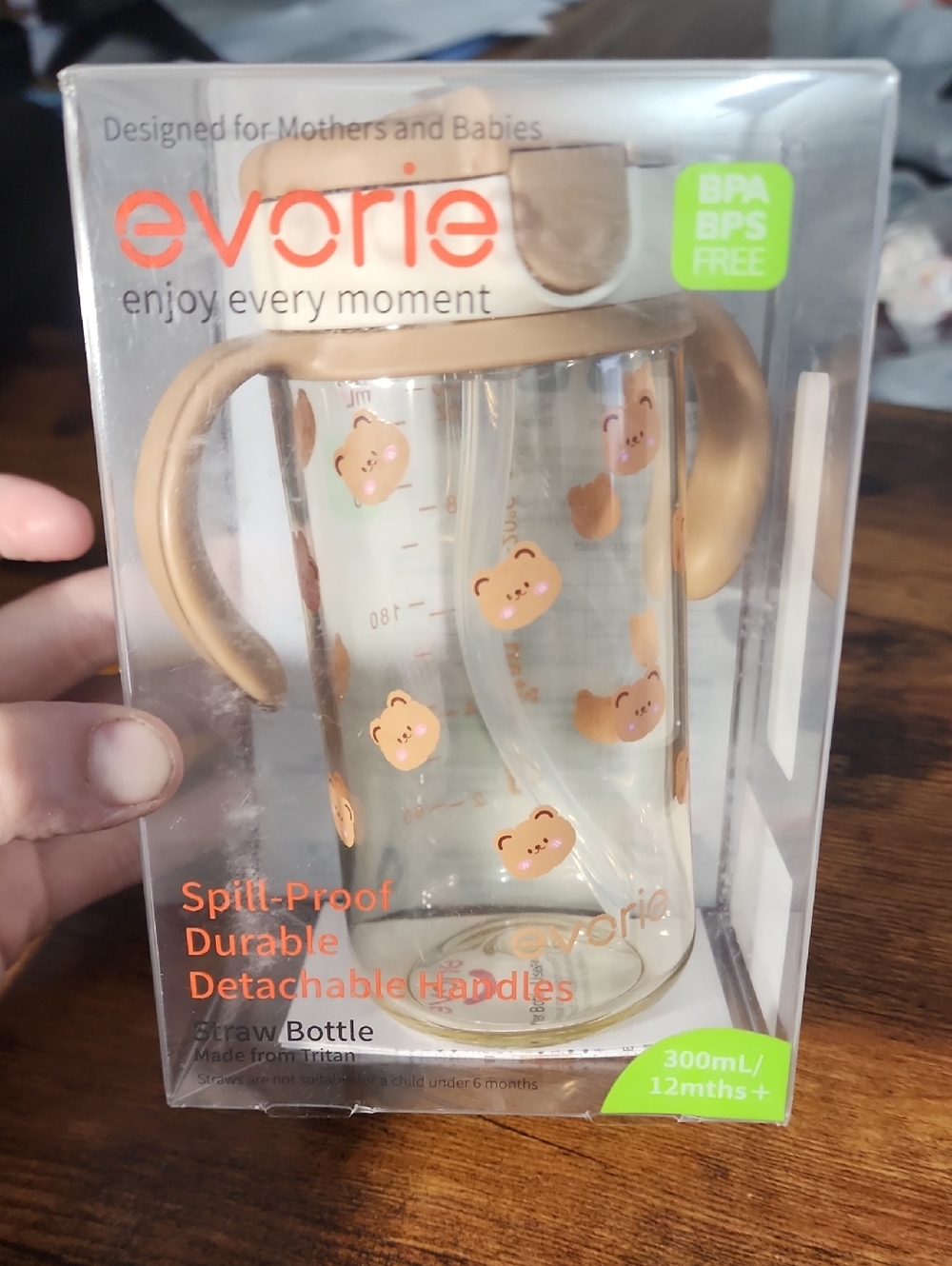 evorie Baby Straw Bottle with Beige Bear Print & Handles Originally 65$ FP 40